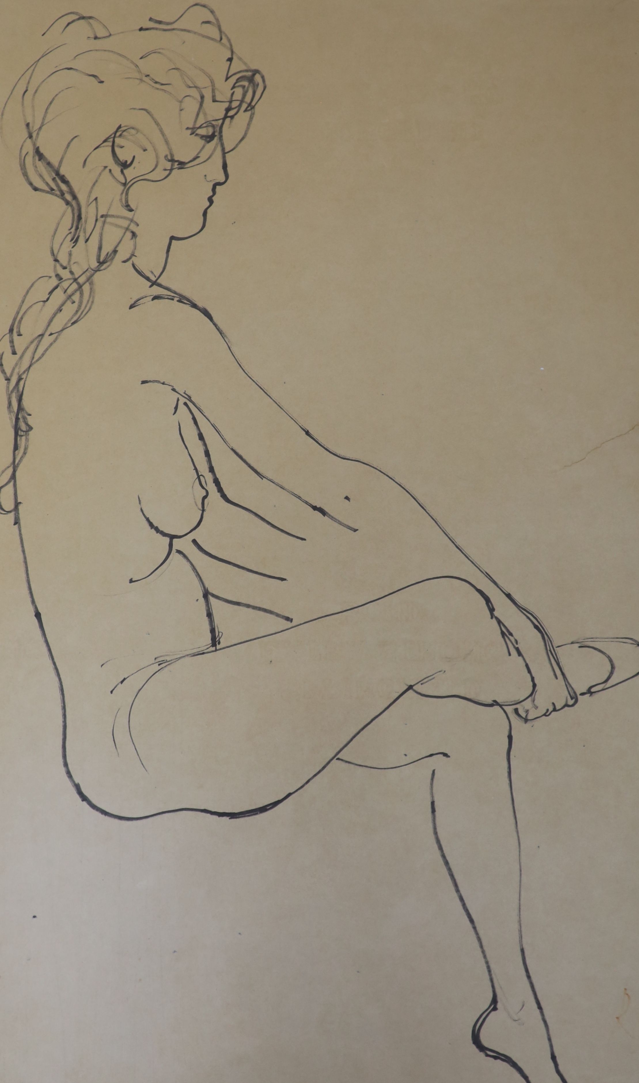 Modern British, pen and ink, Study of a seated nude, initialled R.S., 53 x 32cm and an artist proof print by Robert King, Study of a clown